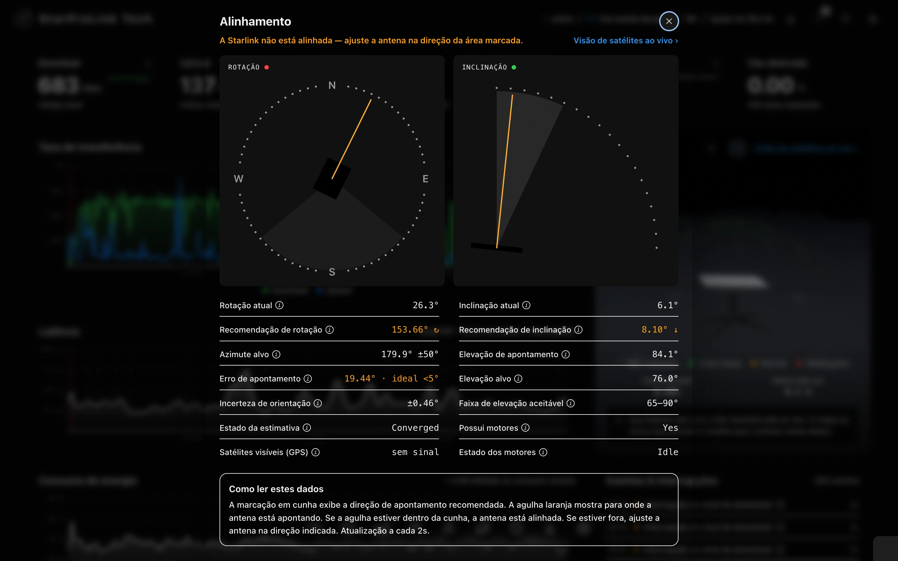Painel de alinhamento StarProLink Tech: mostradores de rotação e inclinação com faixas de tolerância para laudo técnico.