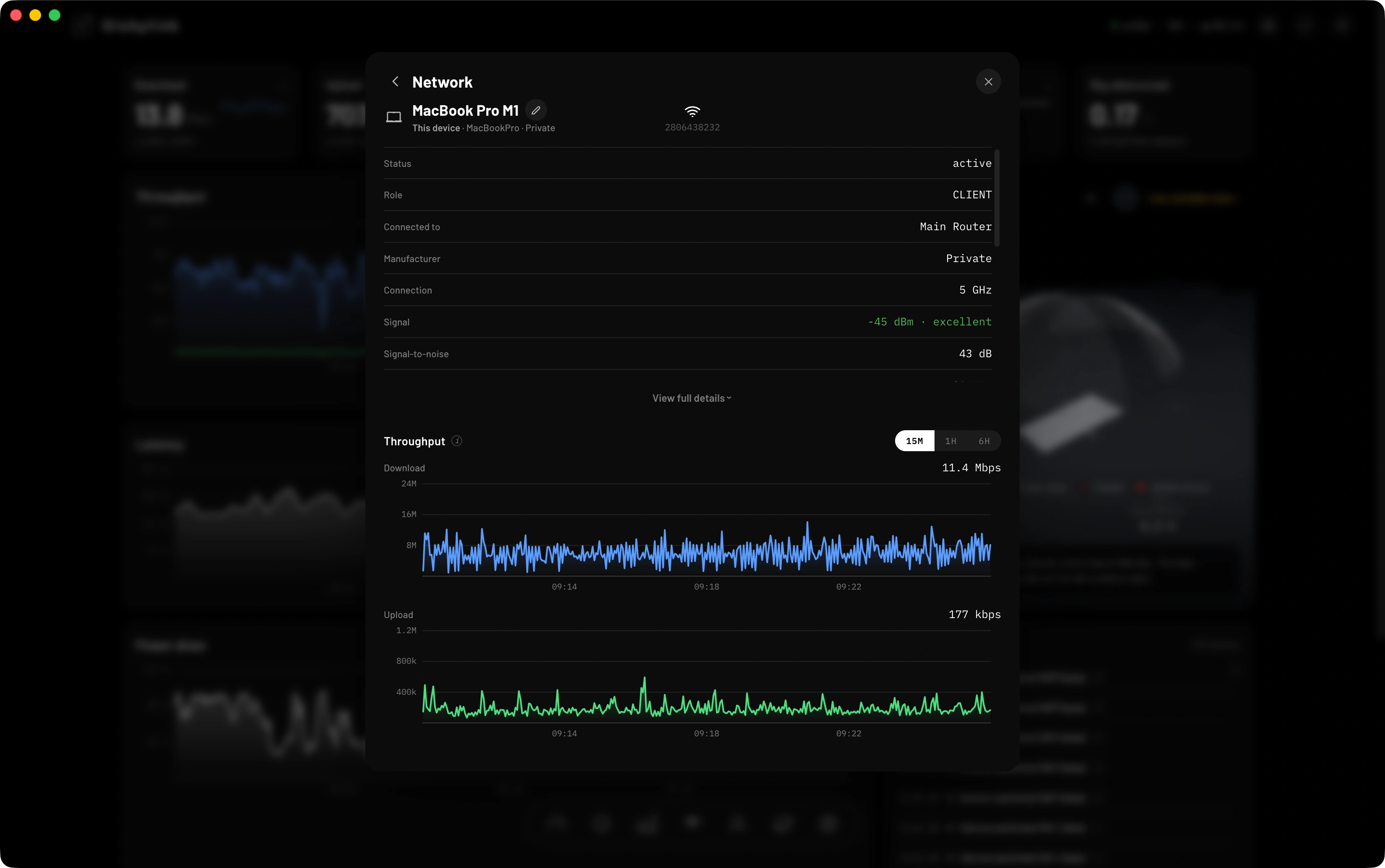 Detalhe de dispositivo: status, RSSI, SNR, nó Mesh e throughput histórico para diagnóstico.