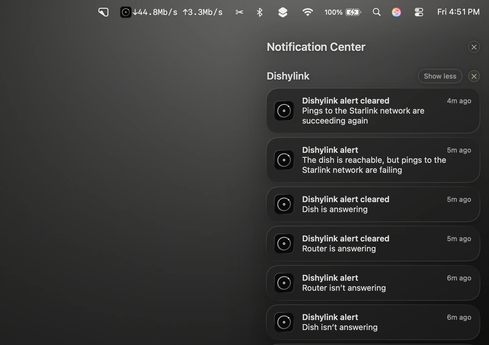 StarProLink Tech em macOS: throughput ao vivo na barra de menu e notificações SO de falha+recuperação.