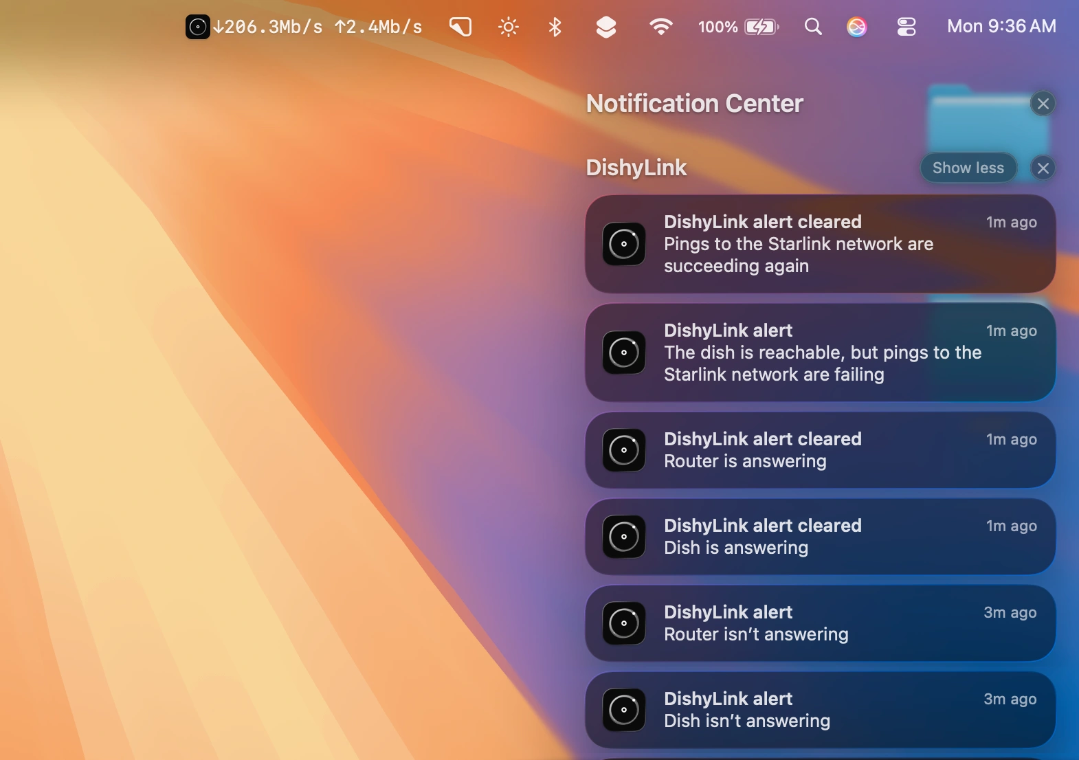 StarProLink Tech em macOS: throughput ao vivo na barra de menu e notificações SO de falha+recuperação.