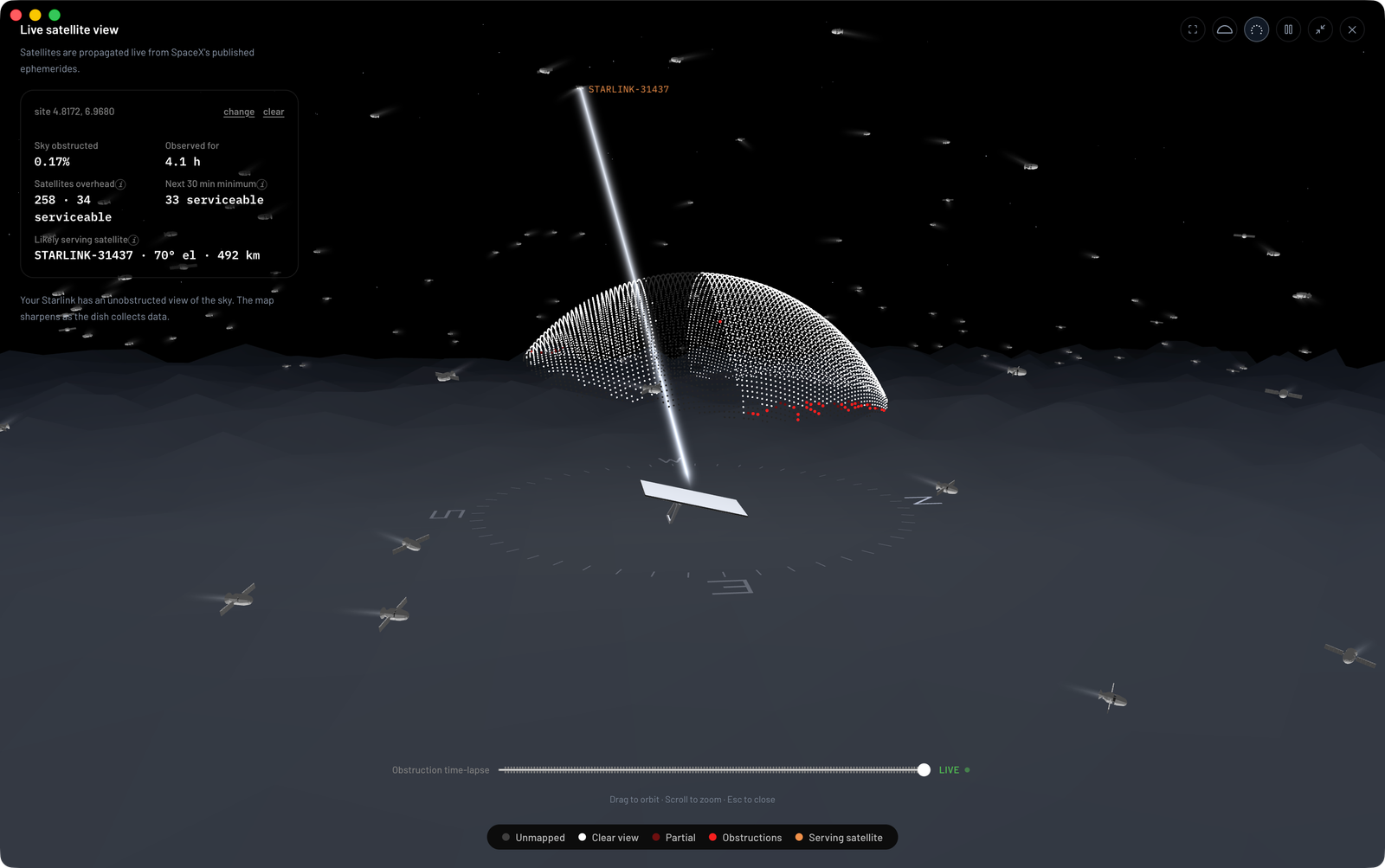 Vista 3D StarProLink Tech: satélites ao vivo, satélite ativo e cúpula 3D de obstruções para laudo.