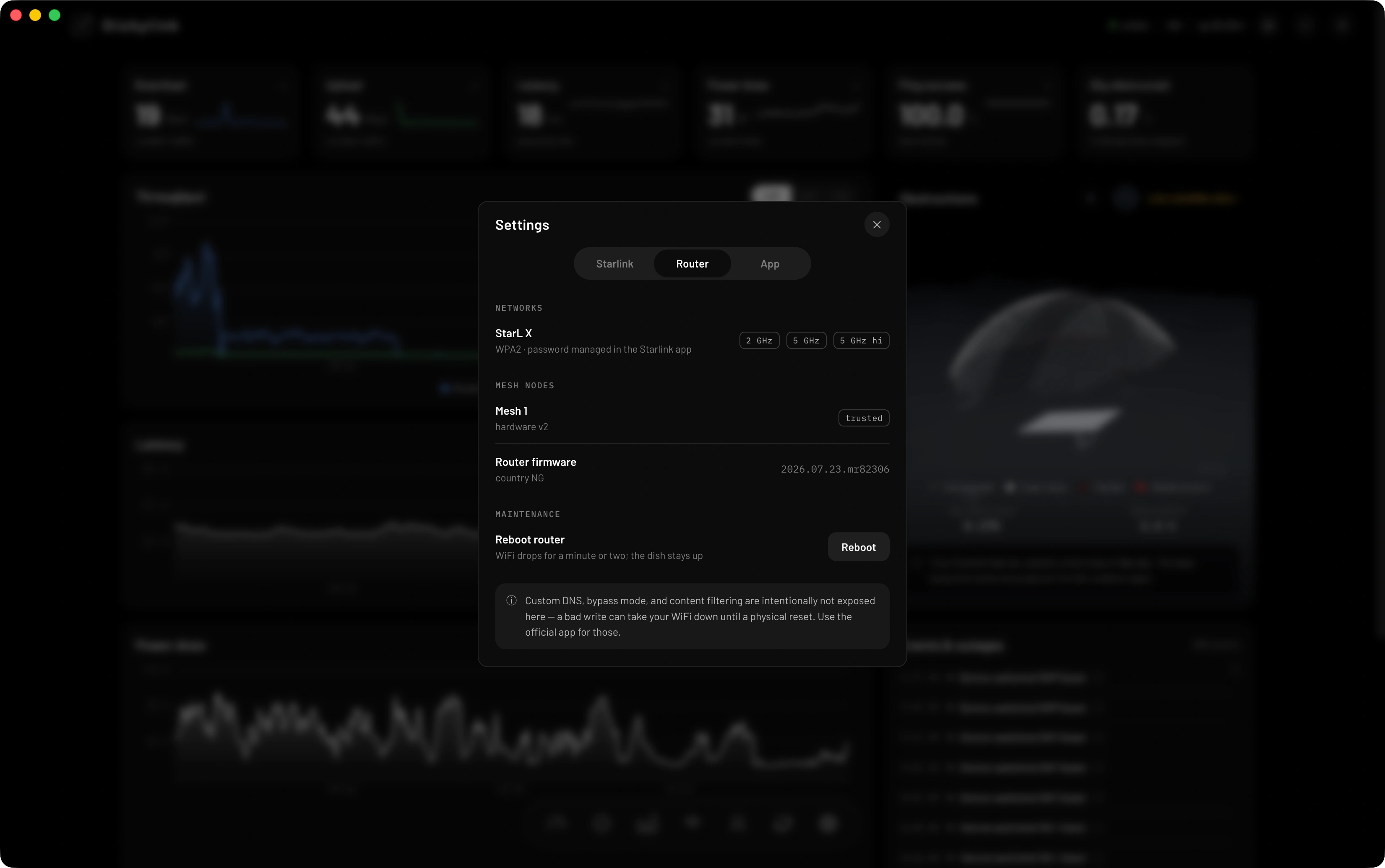 Painel roteador StarProLink Tech: SSID, bandas, Mesh, firmware e botão de restart.