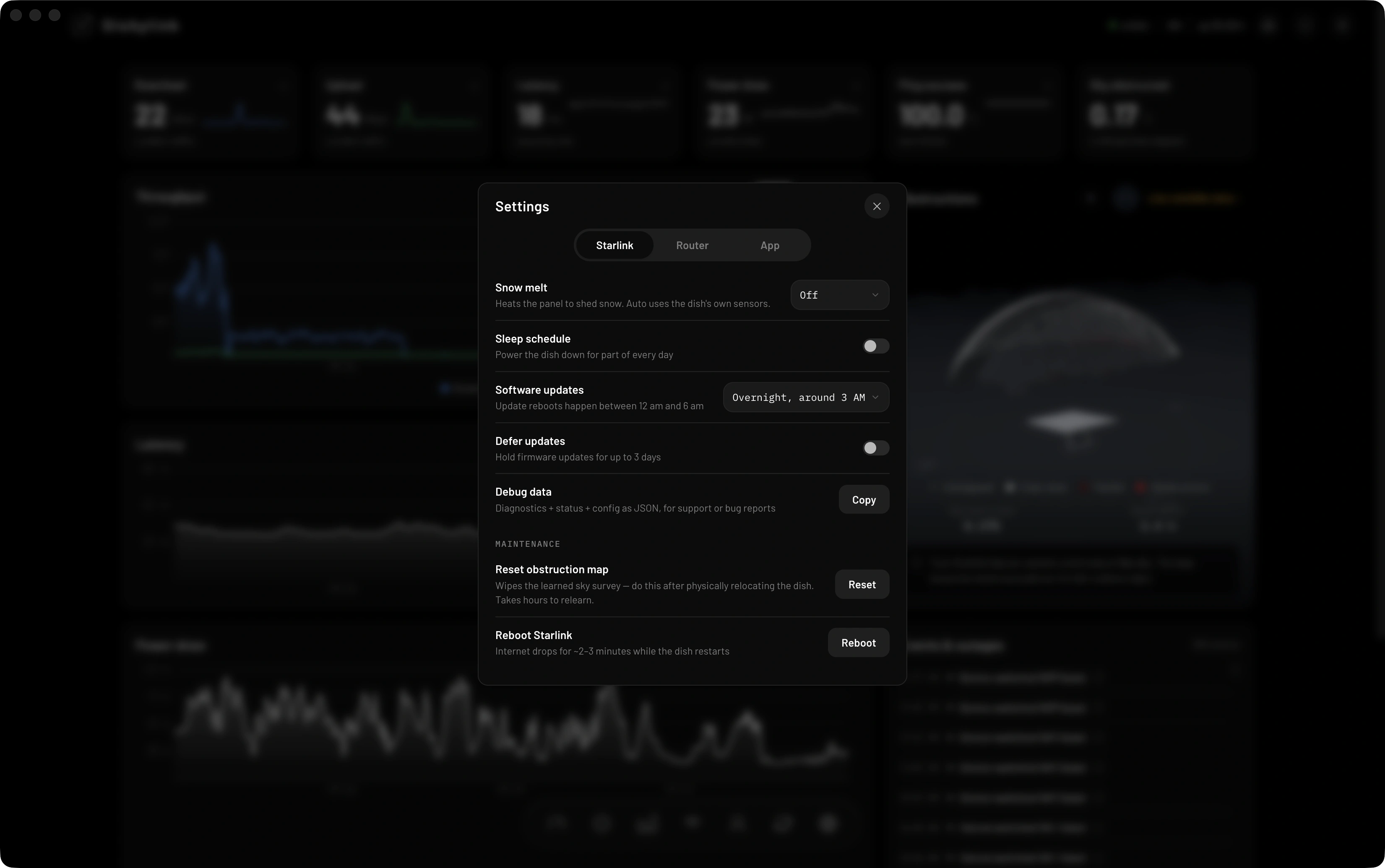 Painel operacional Starlink StarProLink Tech: firmware, suspensão, Snow Melt e ações de manutenção.