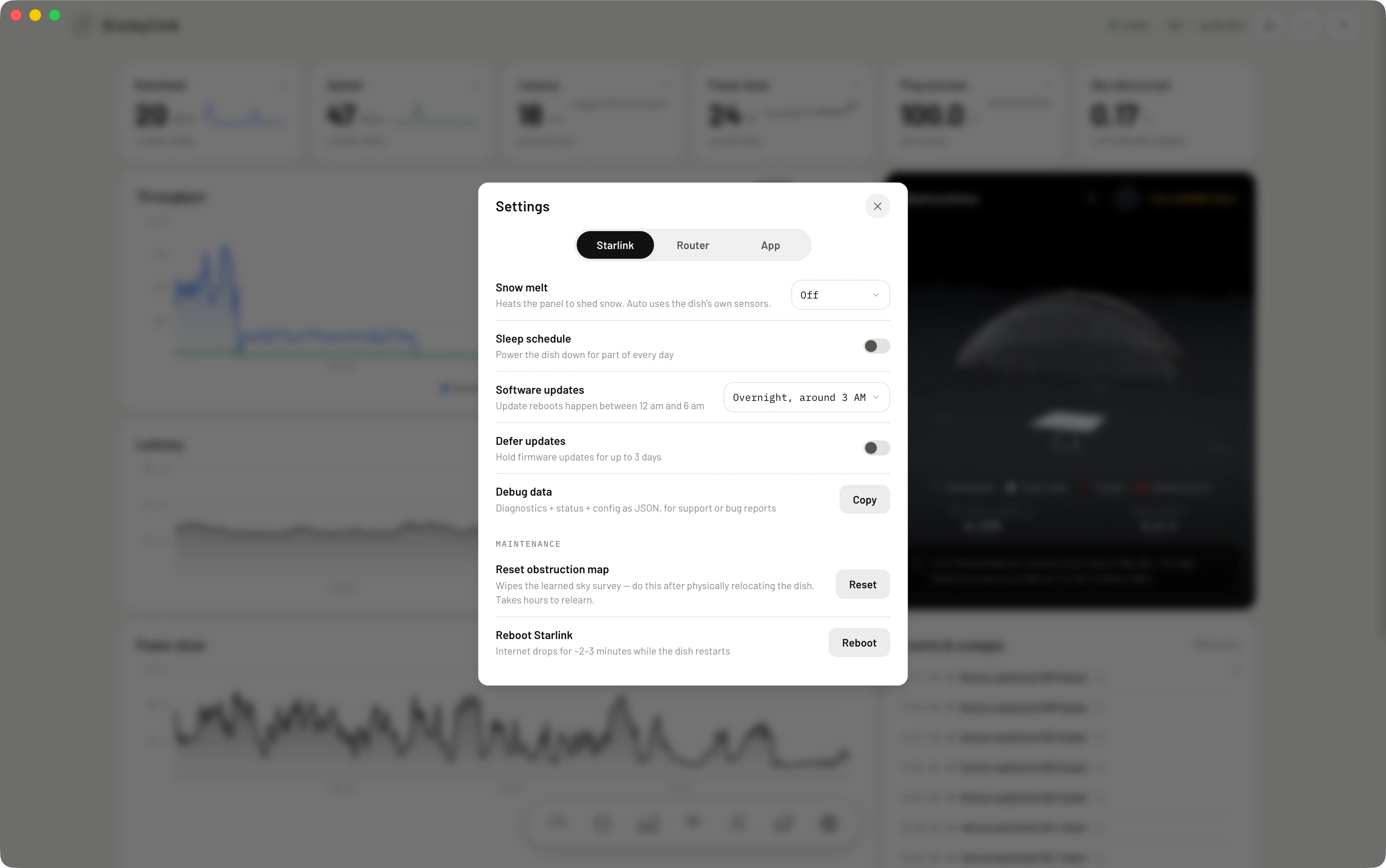 Painel operacional Starlink StarProLink Tech: firmware, suspensão, Snow Melt e ações de manutenção.