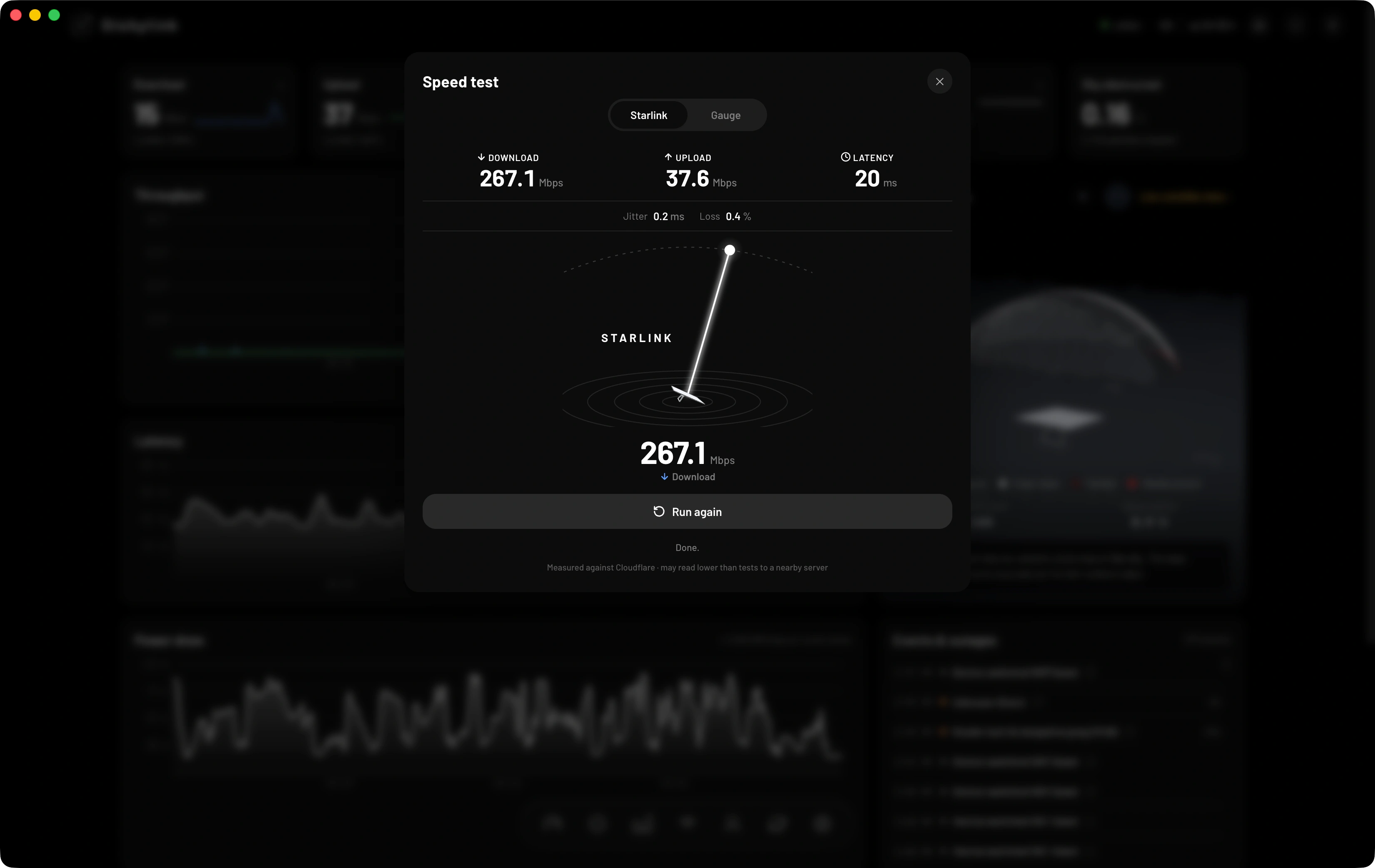 Teste de velocidade StarProLink Tech: download, upload, latência, jitter e perda com timestamp para laudo.