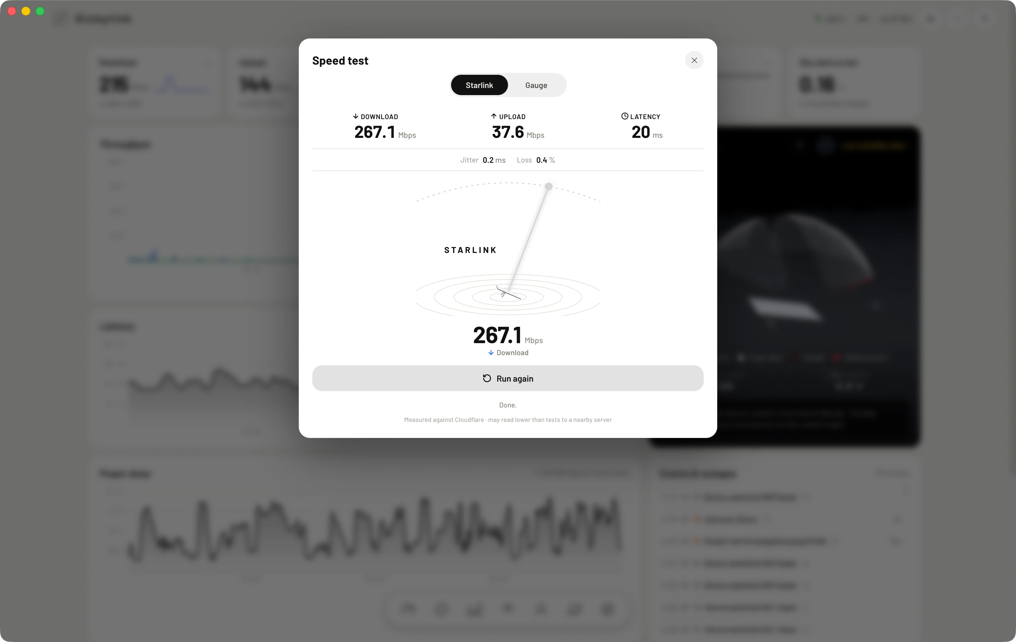 Teste de velocidade StarProLink Tech: download, upload, latência, jitter e perda com timestamp para laudo.